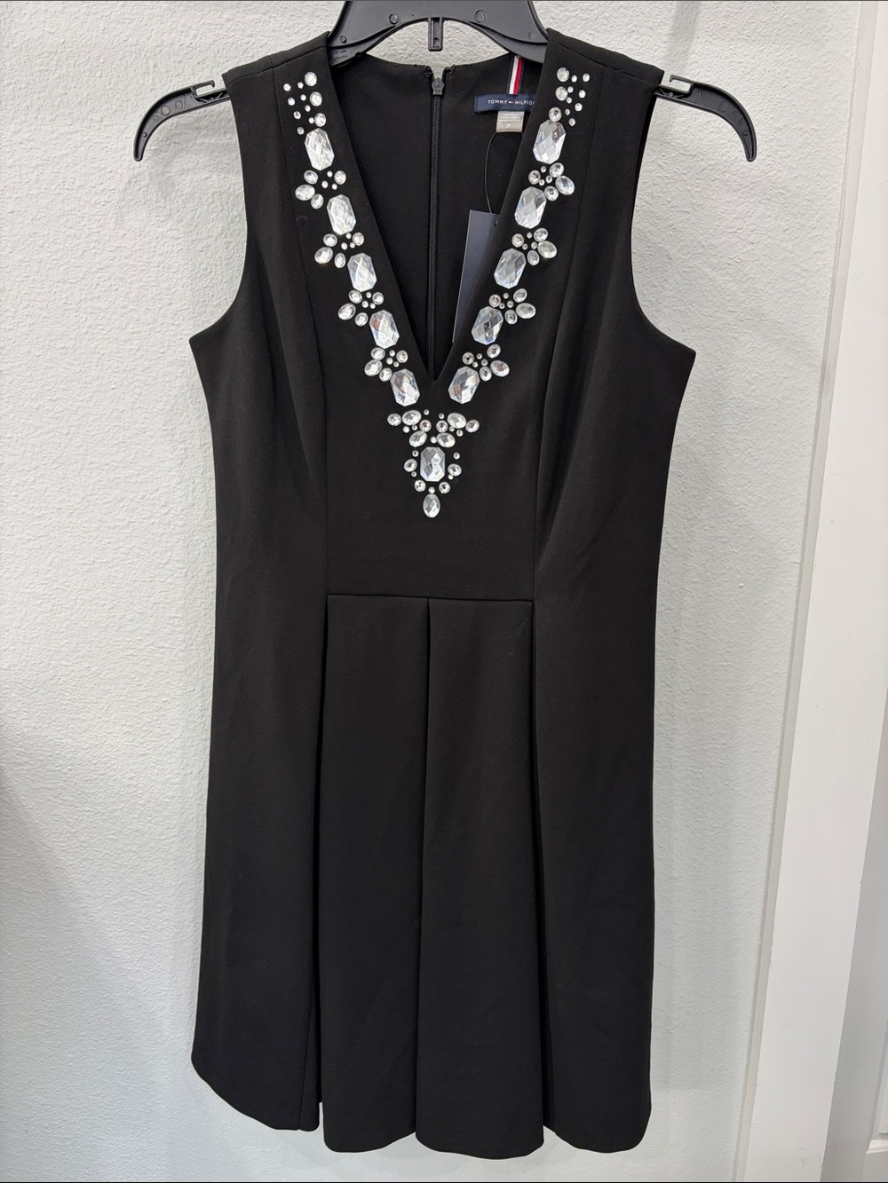 NWT. Tommy Hilfiger Black Sleeveless V-Neck Jewel-Embellished Mini Dress